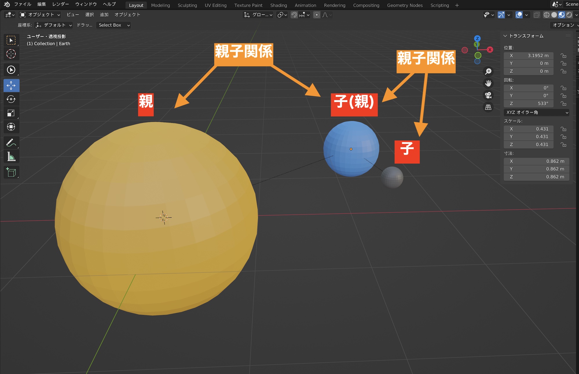 [Blender] ペアレントを使ってオブジェクトに親子関係を追加してみよう